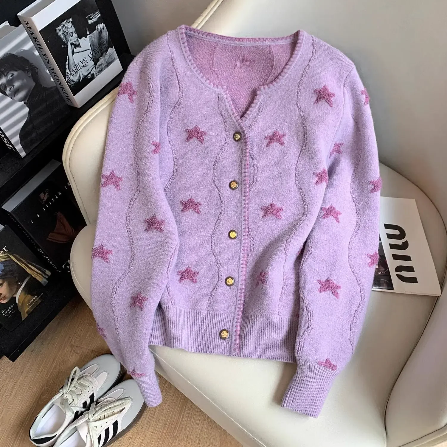 Korejepo Super Good Looking Star Printed Soft Waxy Sweet Knitted Cardigan Autumn Gentle Temperament Loose Versatile Sweater