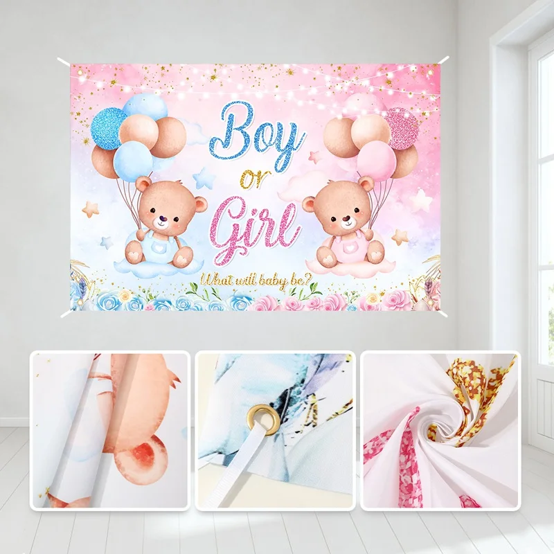 Gender Reveal Backdrop Baby Gender Party Decorations Supplies Pink Blue Bear Banner Baby Shower Photography Background