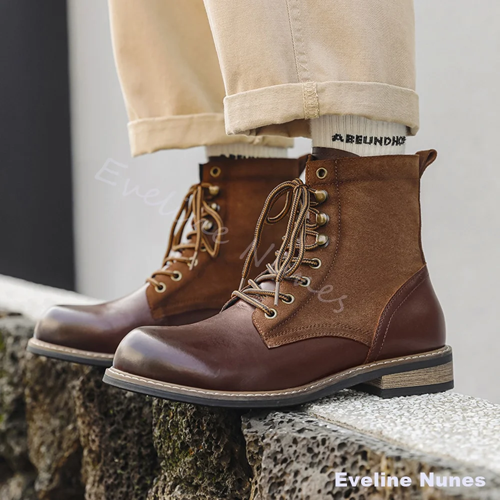 Retro Outdoor Motorcycle Daily Casual Short Boots Men Brown Leather Suede Lace Up Round Toe Ankle Boots 2026 Fashion Work Boots