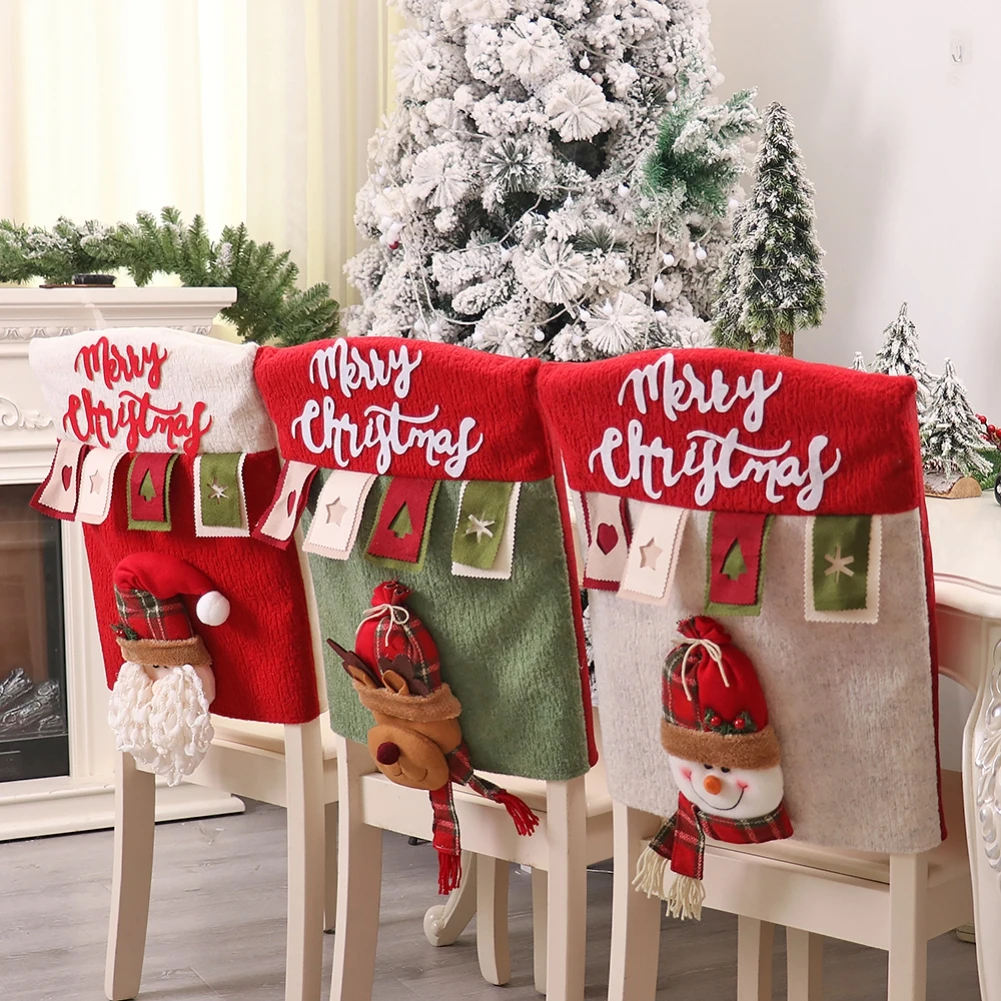 Linen Three-Dimensional Santa Claus Xmas Seat Cover Table Red Hat Chair Back Covers Festival Decorations For Home New Year Party