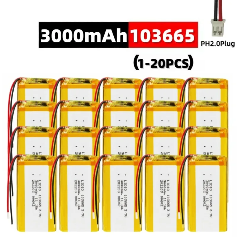 103665 3.7V 3000mAh Polymer Lithium Rechargeable Battery, with PH2.0 Plug for Driving Recorder, Bluetooth Speaker, GPS, Camera