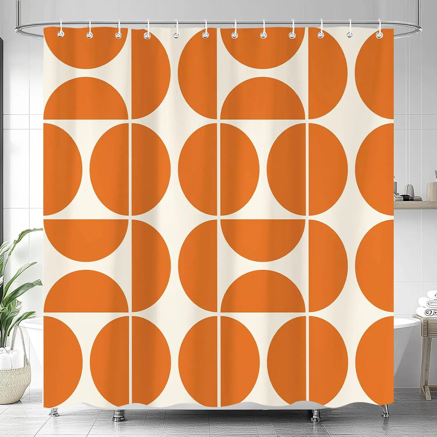 Retro Halbkreis-Duschvorhang, Cremeweißer Stoff mit Orangefarbenem Halbkreis-Blockmuster, Wasserdichter Trennvorhang für die Dusche zu Hause