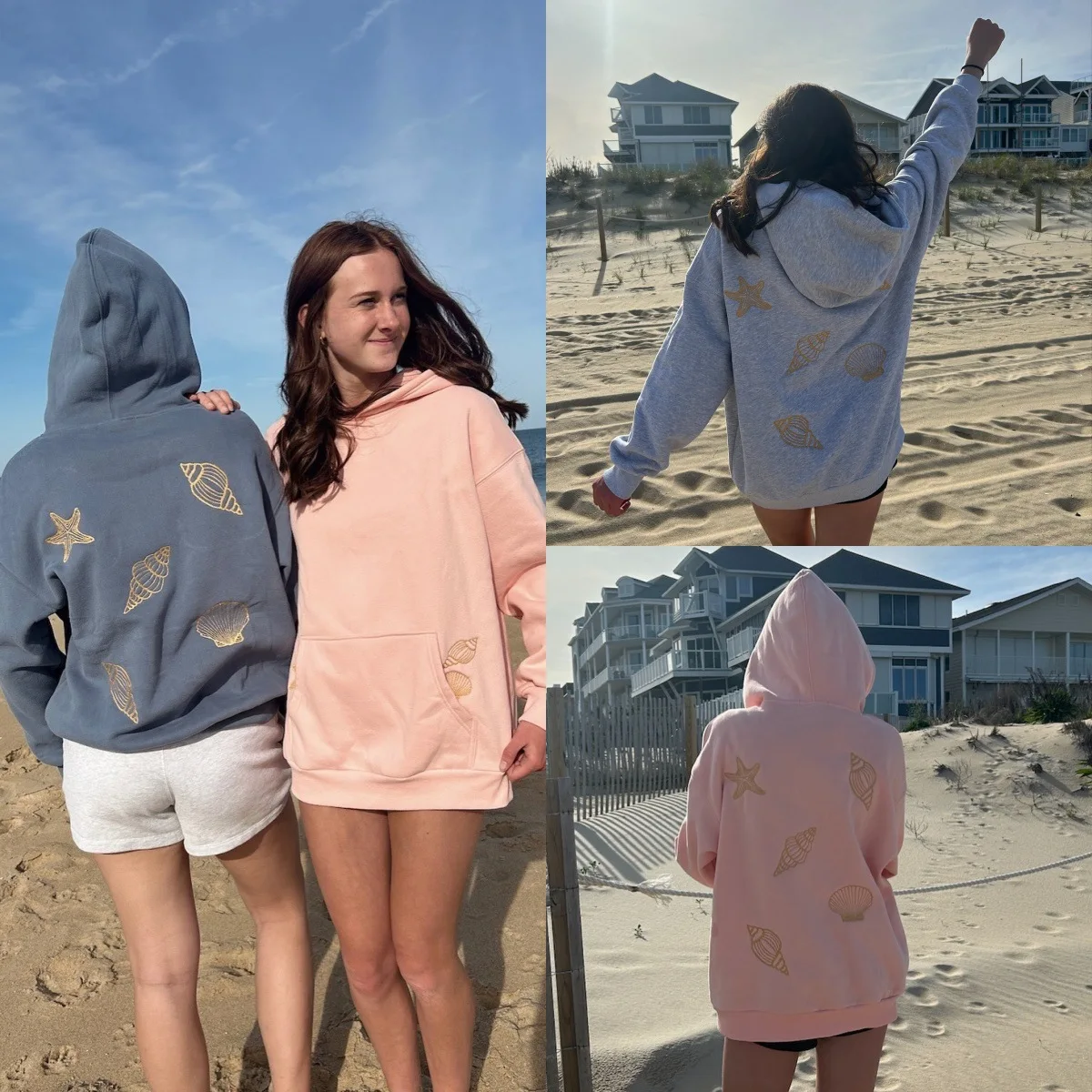 Women's Autumn Winter Velvet Embroidered Shell Pattern Hooded Patch Pocket Long Sleeve Sweatshirt