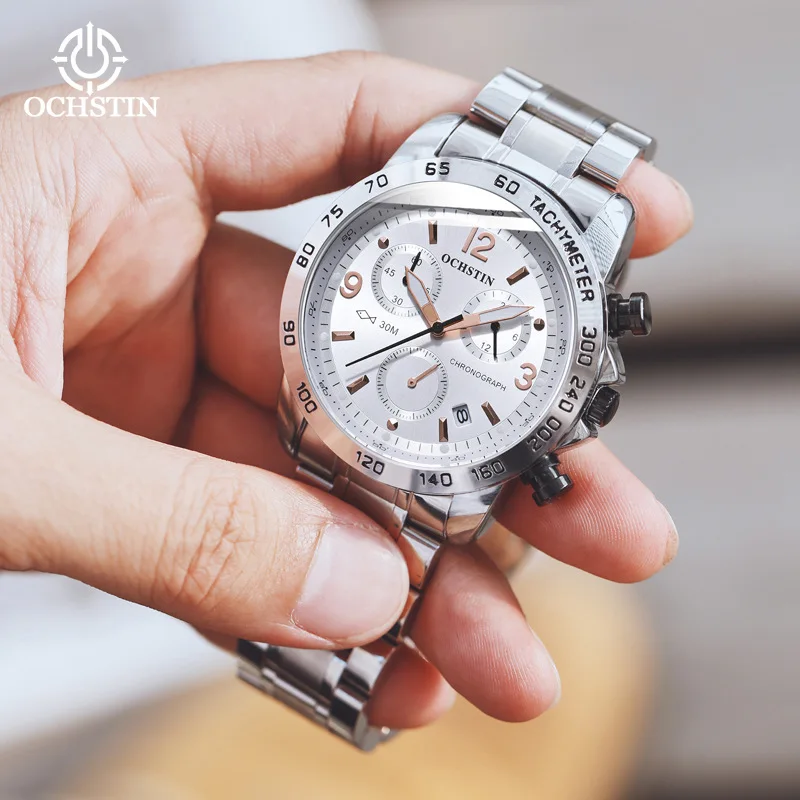 OCHSTIN Brand Men Sports Quartz Watch Chronograph Tachymeter 30M Waterproof Date Display Stainless Steel Band Wristwatch Gift