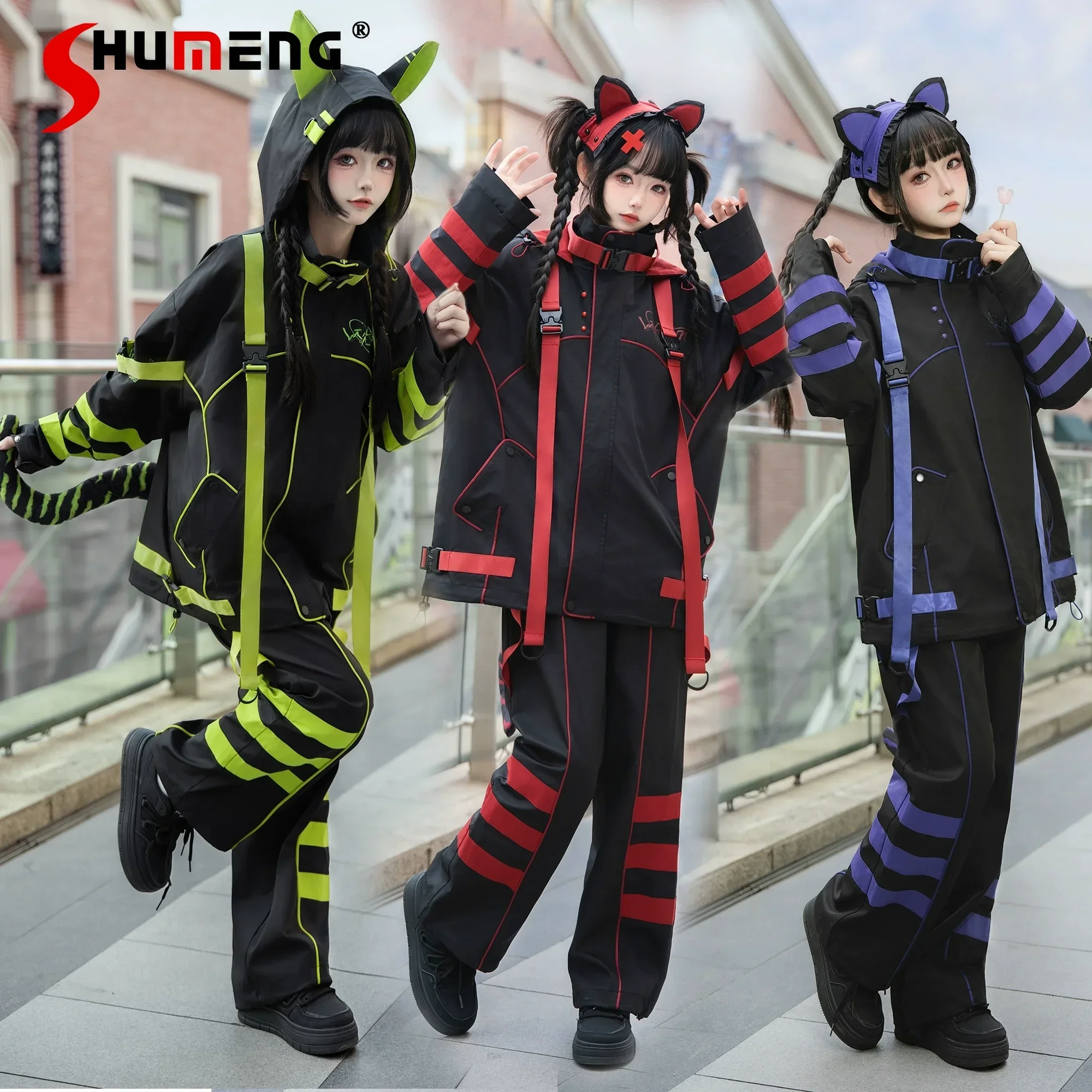 

Functional Wind Winter Sweet Cool Contrast Color Cat Ear Cosplay Clothes Set Y2K Hooded Thickened Jacket and Shorts Pants Set