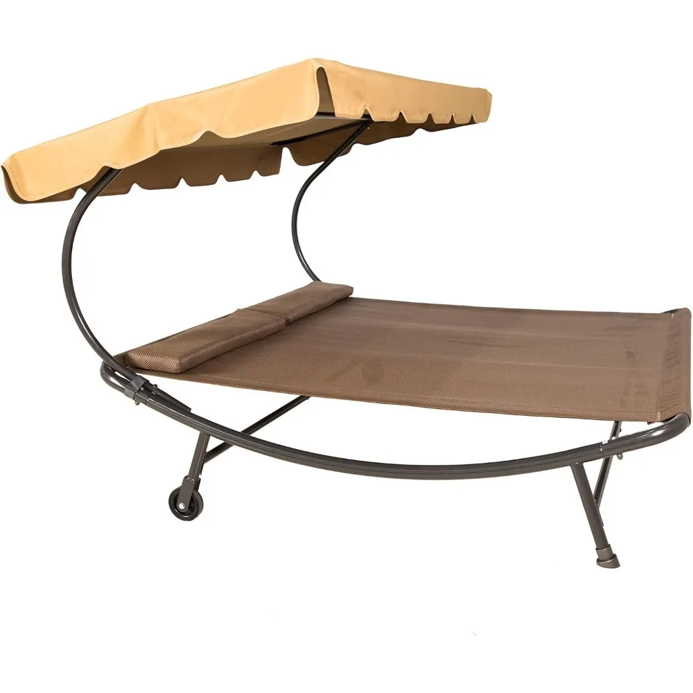 6.6'L x 6.5'W Patio Double Chaise Lounge Bed with Canopy,Headrest Pillow and Wheels,Portable Outdoor Hammock Bed for Backyard,L