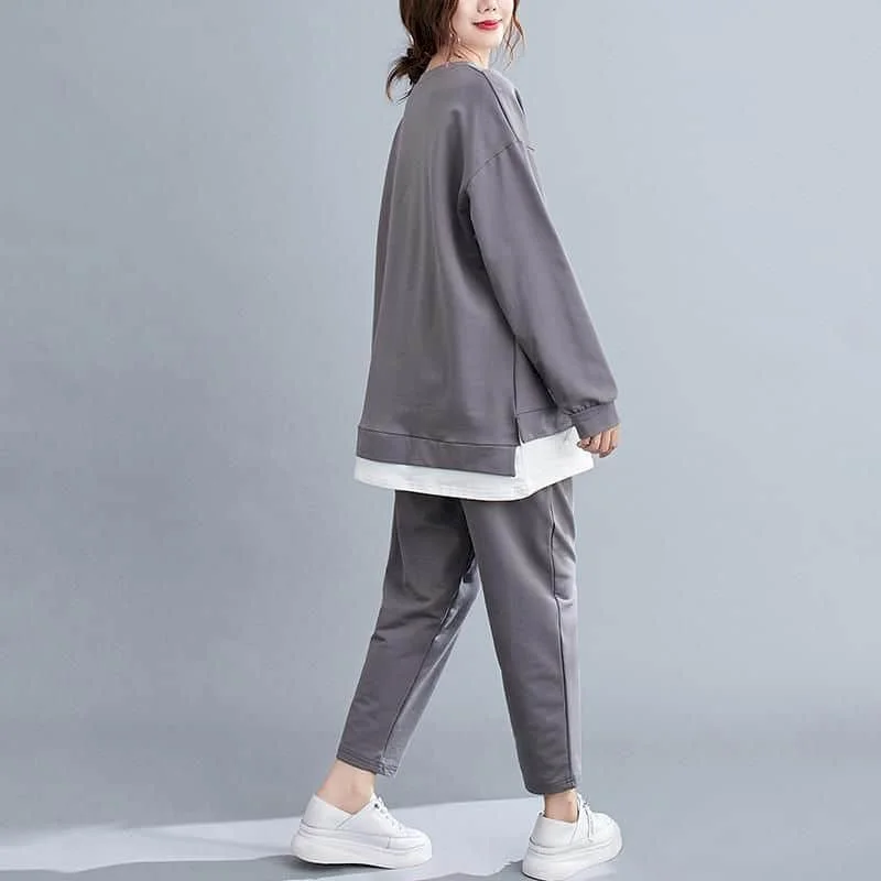 Pants Set Casual Oversized Long Sleeve T-shirts Elastic Waist Harem Pants Patchwork Korean Style Two Piece Sets Women Outfits