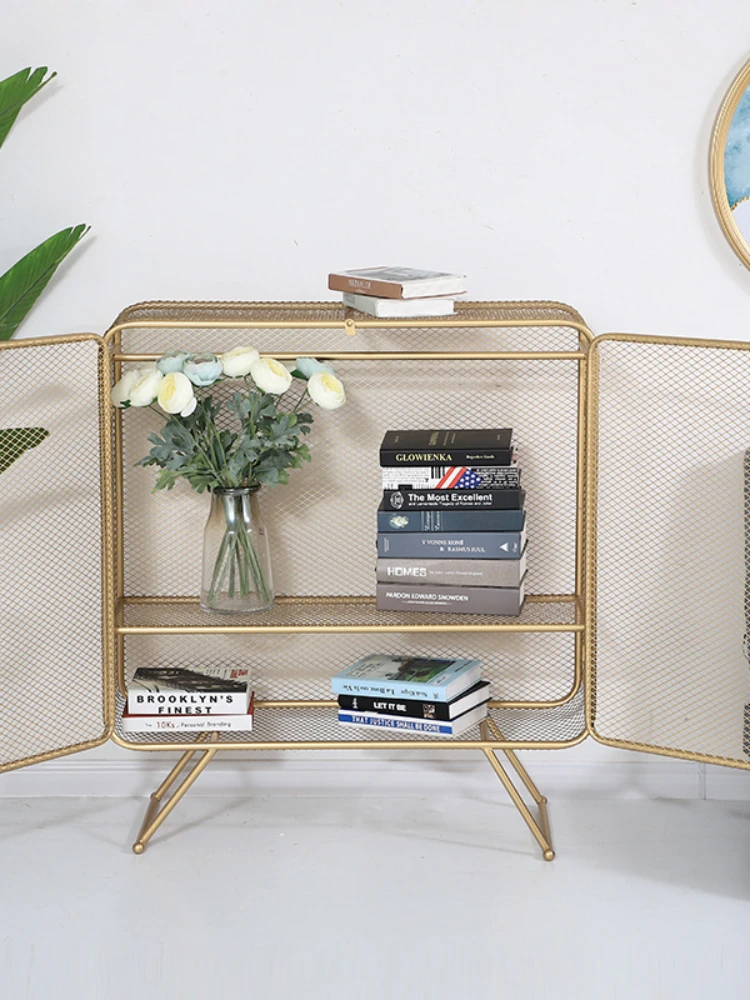 Nordic Golden Iron Bookcase with Door Storage Rack Bookshelf Bedroom Wire Mesh Nightstands Bookcases Console Tables Book Shelf