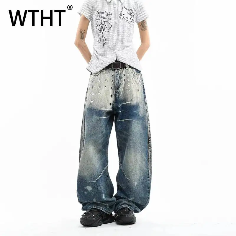

WTHT Vintage Men's Wash Graffiti Contrast Color Denim Pants Fashion 2026 Summer High Street Straight Wide Leg Jeans Male 2A3202