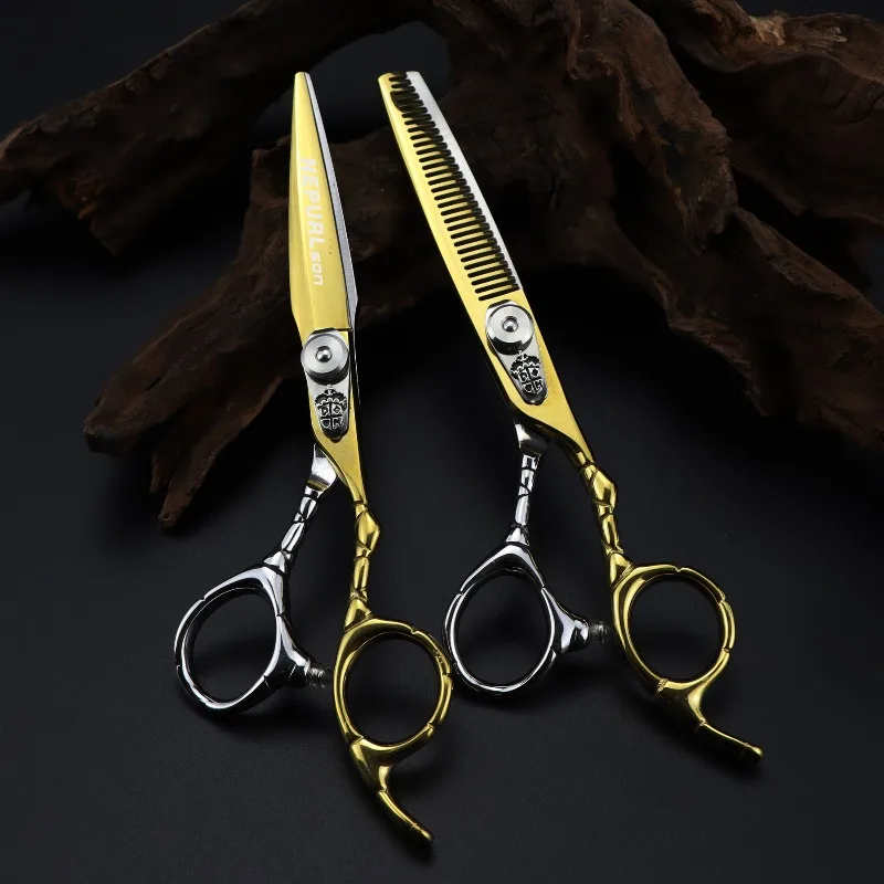 NEPURLson 6.0inch white-golden sword-shaped crocodile handle high-end hair scissors made of JP440C right-handed  sharp durable