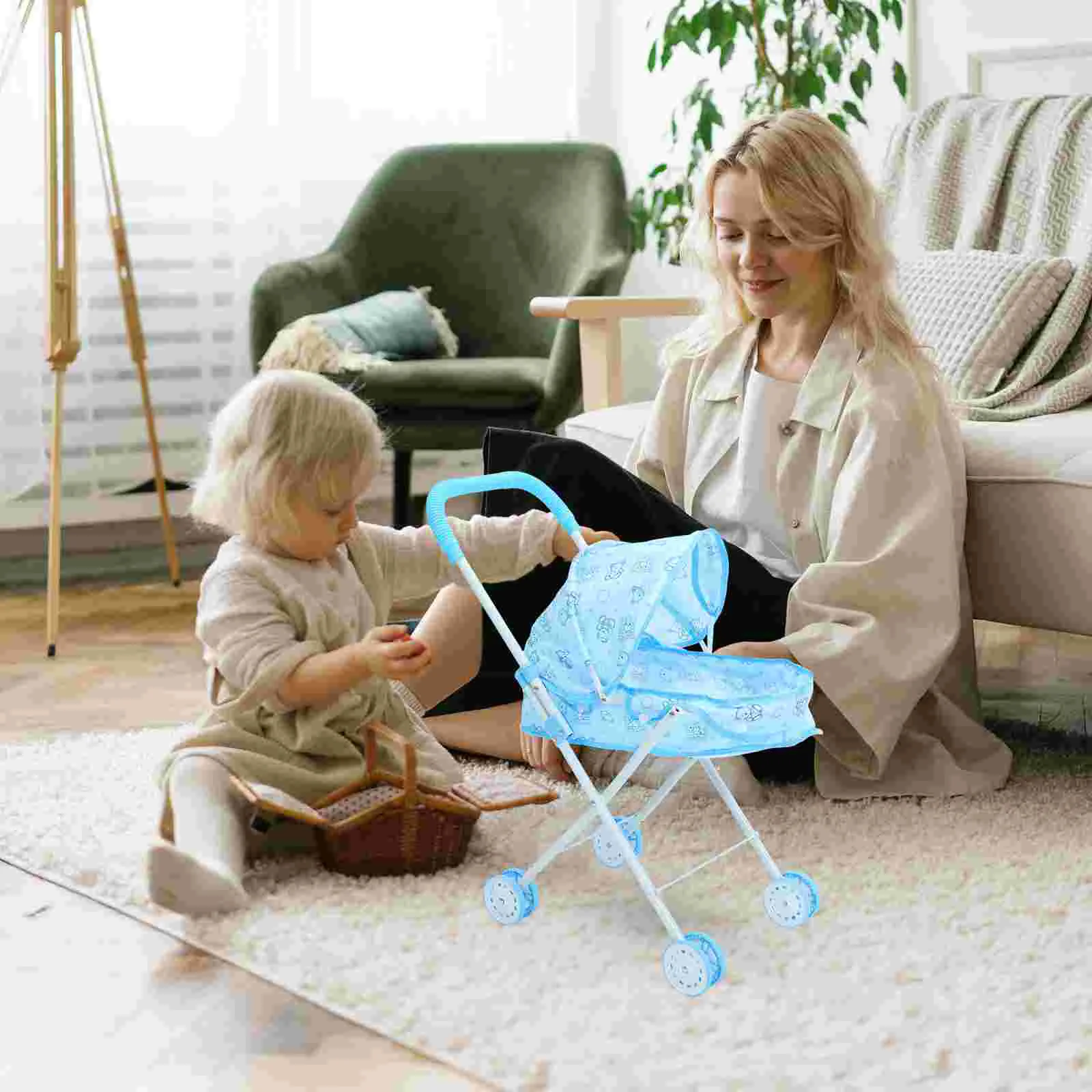 Baby Stroller Play Movable Model for Dolls Accessories Toy Sky-blue Toddler