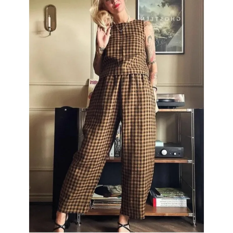 

Летний комплект из безрукавки и брюк для дома, женский повседневный комплект из двух предметов с принтом, модный женский брючный костюм, винтажный клетчатый костюм 2026