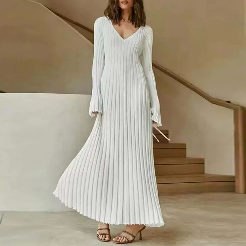 Women's Sexy Ribbed Knit Sweater Dress Casual Long Sleeve V Neck Bodycon Pleated A Line Long Dress Streetwear