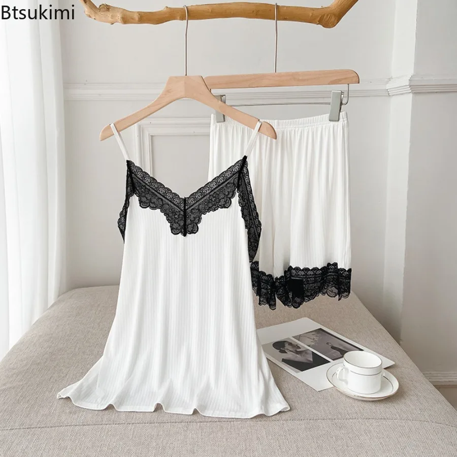Women's Summer Pajamas Sexy Sleeveless Pajama Set Lace Suspender Shorts Homewear Two-piece Set Romantic Sexy Sleepwear Female