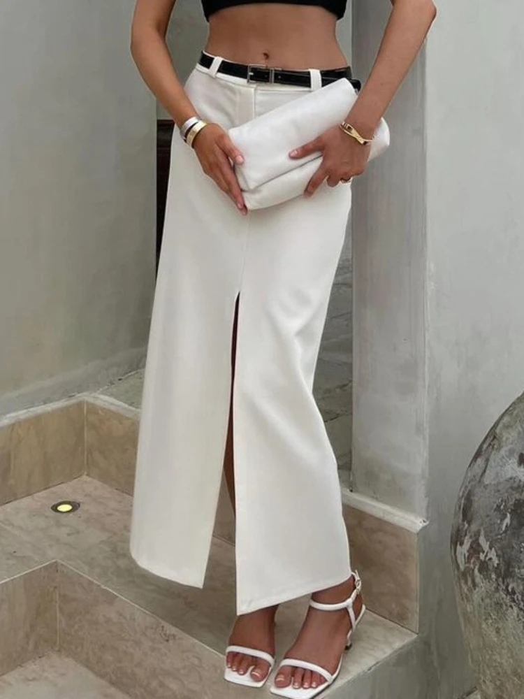 Tsiisd-falda Maxi dividida para ir al trabajo para mujer, falda ajustada de Blanco sólido a la moda, traje de pierna recta de retales de cintura alta, faldas Maxi para mujer, nuevo
