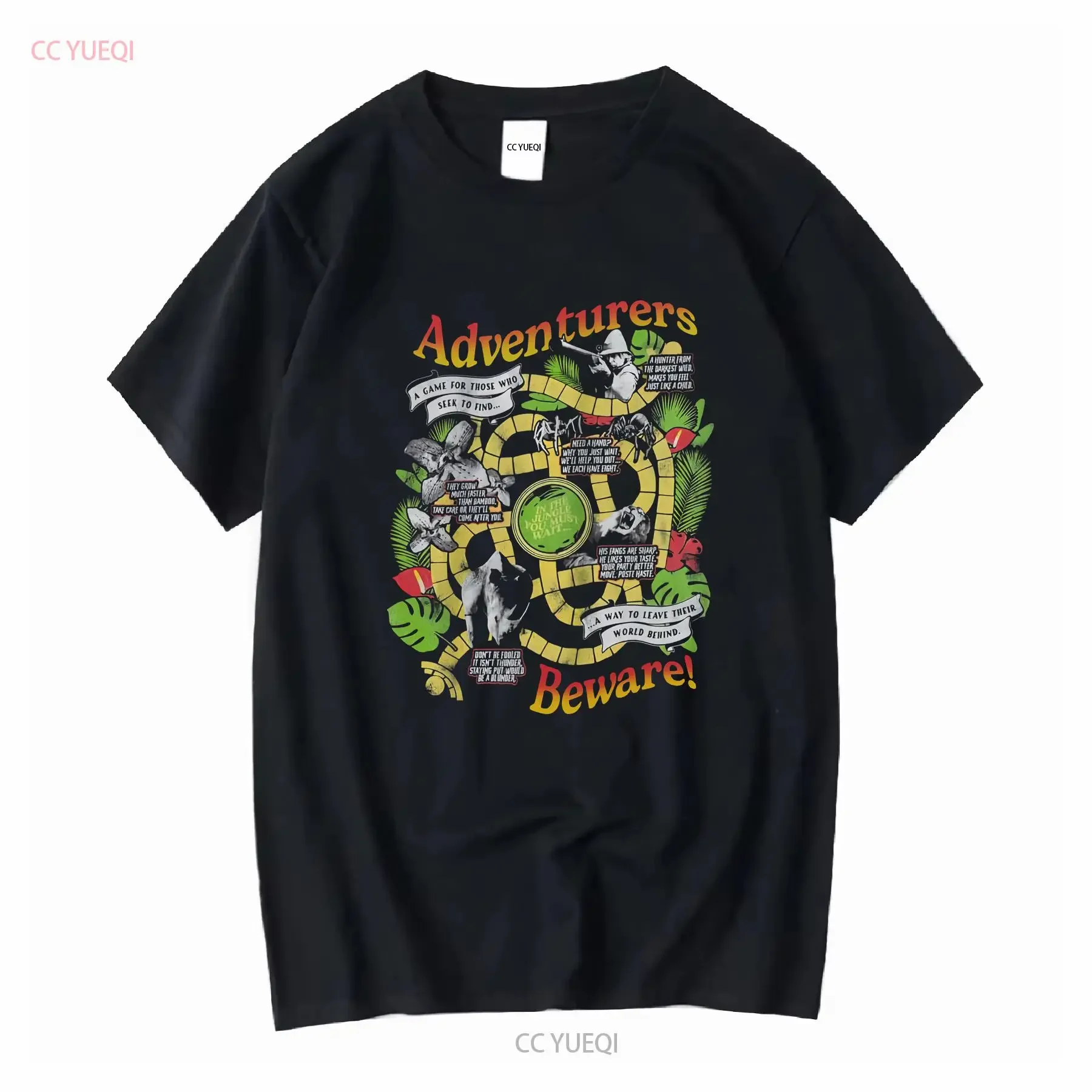 Camiseta negra oficial inspirada en Jumanji Adventurers Beware, camiseta vintage lavada, cómoda y elástica para uso diario