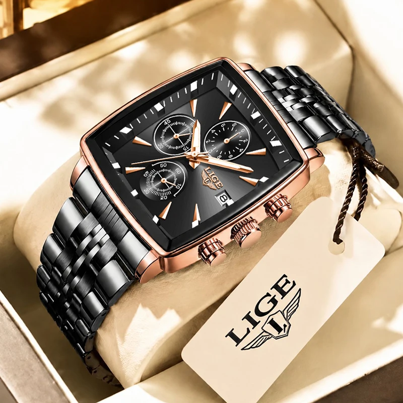 LIGE Top Brand Luxury Men Watch Business Waterproof Luminous Watch For Men Outdoor Sport Square Quartz Chronograph Montre Homme