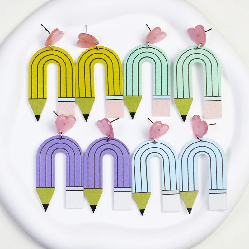 School Season Rainbow Pencil Acrylic Earrings For Women Cute Cartoon Student Drop Earrings Teacher's Day Gift