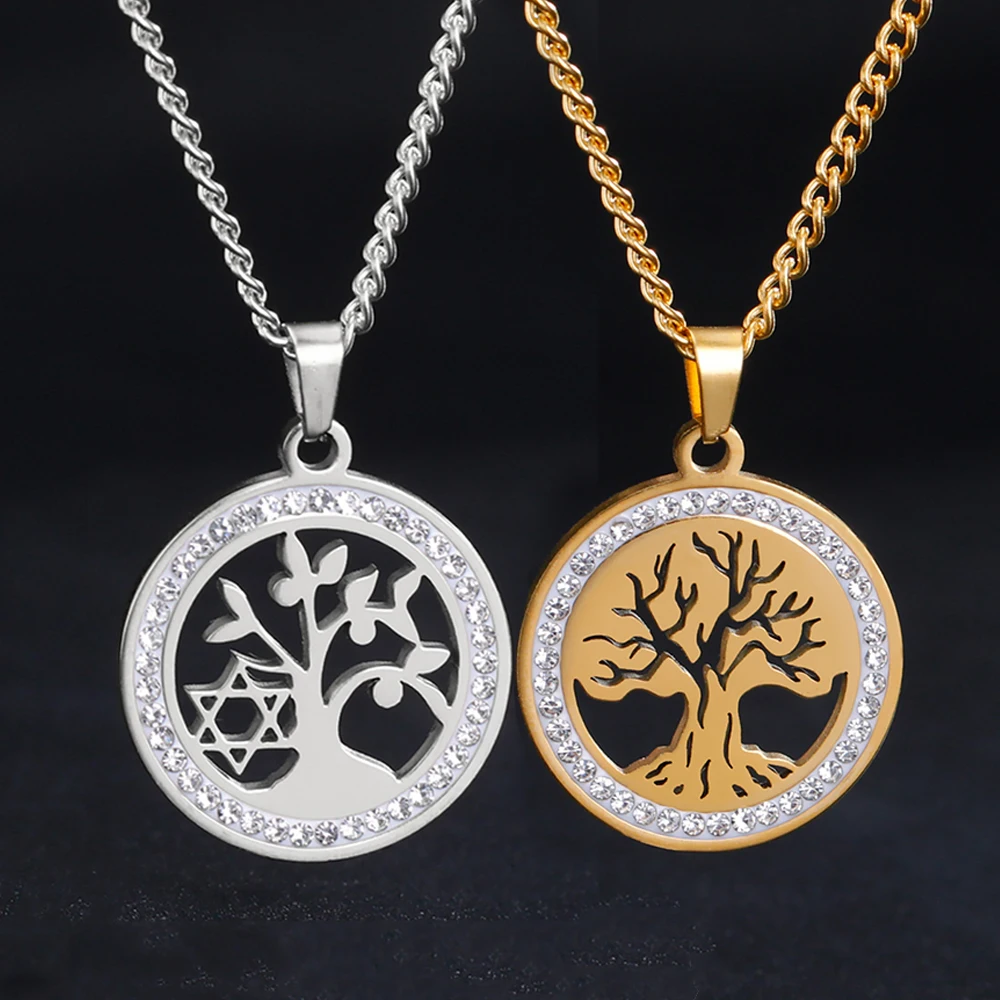 Dawapara Family Tree of Life Necklace for Women Zircon Fashion Pendant Pentagram Hexagram Amulet Stainless Steel Jewelry