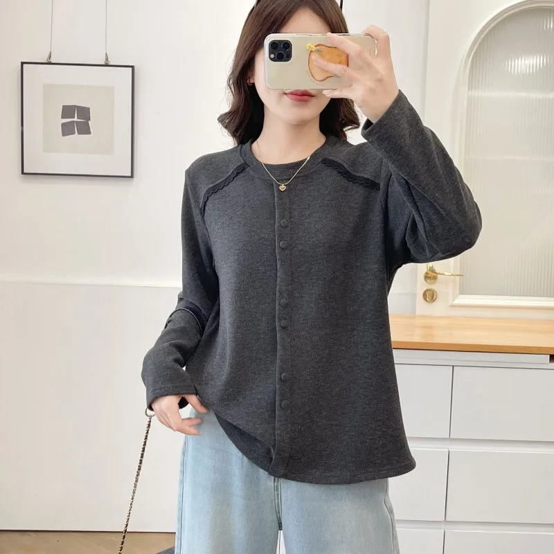 Women Lace Splice Long Sleeve Top Autumn Slim Hide Belly Crew Neck Button Decor Casual Basic Tee