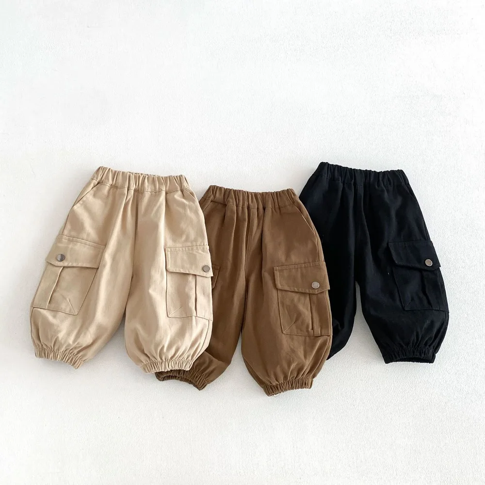 INS Autumn Baby Boy Pant 0-3Years Newborn Kids Solid Color Elastic Waist Pocket Cargo Trouser Outfits Fashion Bottom Clothes