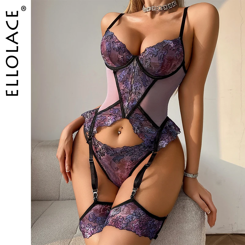 

Ellolace Willowy Sexy Lingerie Elegant Embroidered Splicing Corset Thong 2PC with Leg Cuffs Tempting Lavender Women's Underwear