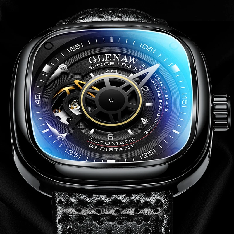 GLENAW Design Mechanical Watch For Men Fashion Business High Quality Leather Automatic Watches Square Stainless Steel Clock+Box