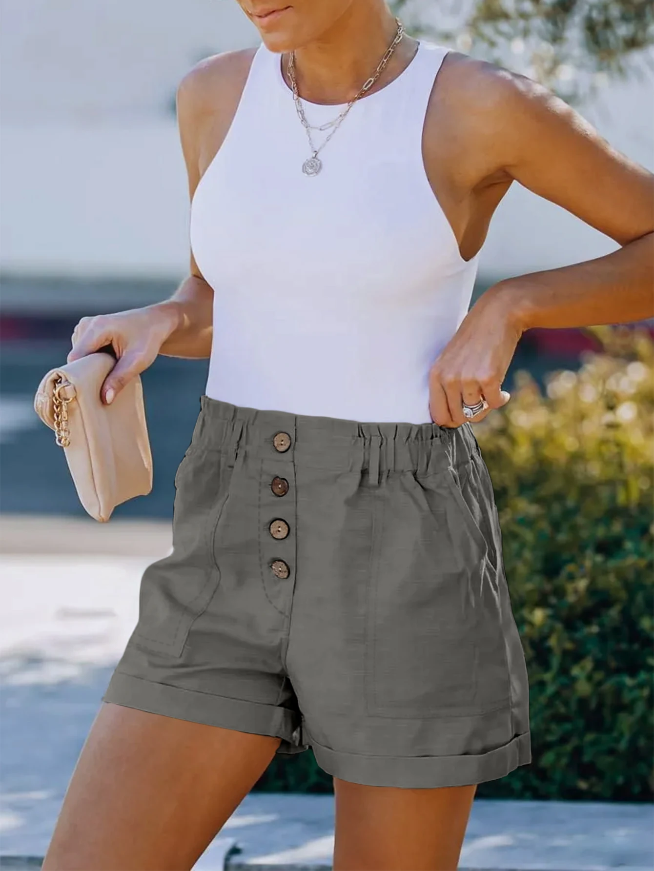 Women Summer Fashion Loose Shorts Pockets Elastic Waist Casual Solid Color Female Comfortable Short Pants