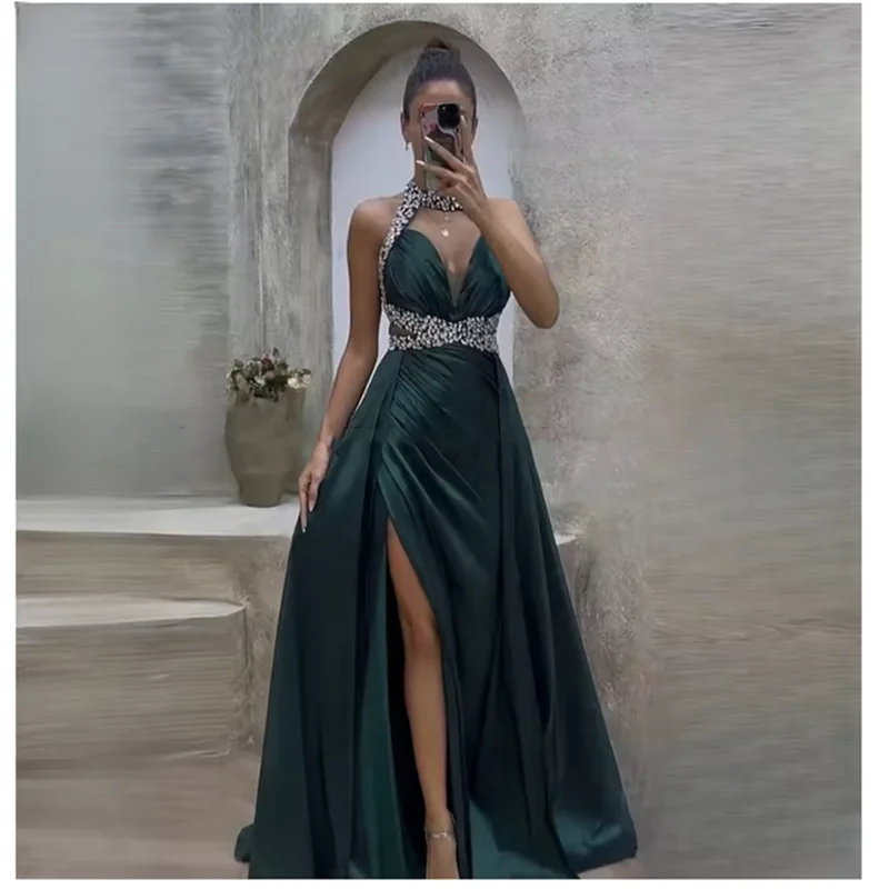

Темно-зеленые вечерние платья без рукавов с бретелькой на шее Vestidos de fiesta Атласные хрустальные бусины-стринги فساتين سهرة Custom