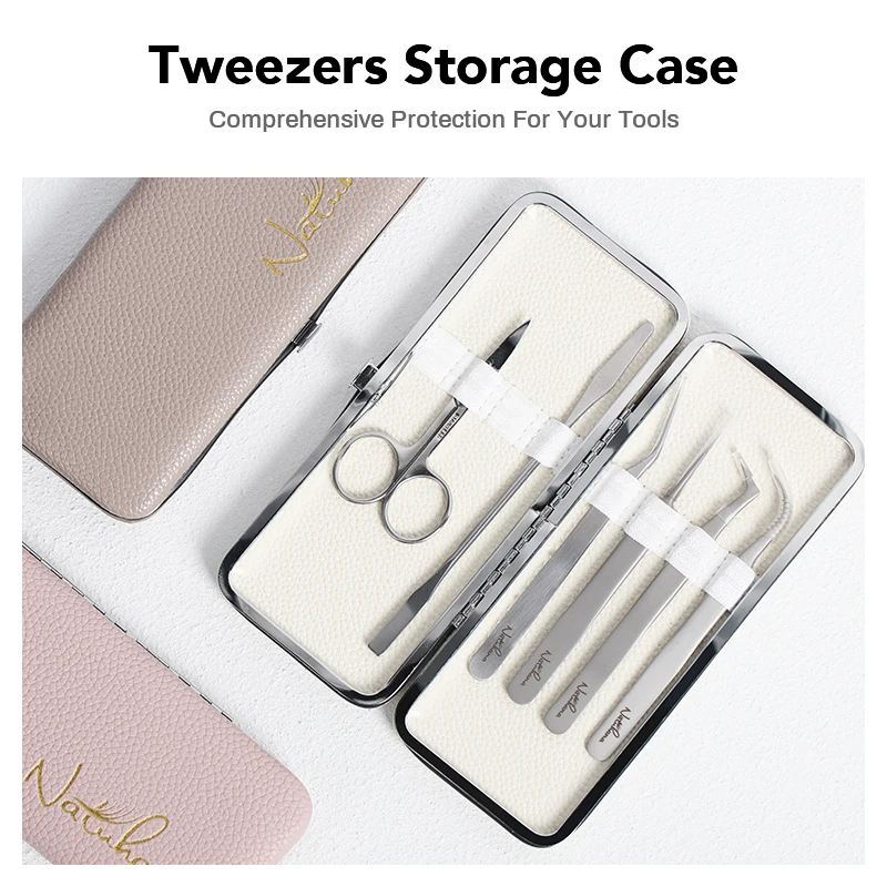 NATUHANA Eyelash Tweezers Set with Rose/Cream/Mocha-colored tweezers case Storage box for eyelash extension tweezer Makeup Tools