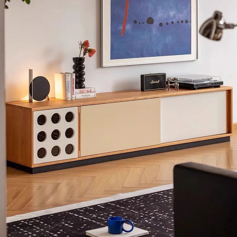 

Solid wood TV cabinet Nordic small apartment living room home TV retro floor simple storage modern locker