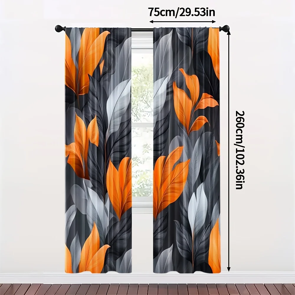 Modern Abstract Floral Leaf Print Curtains Black Orange Polyester Drapes for Living Room Bedroom Window Decor Curtain Panels