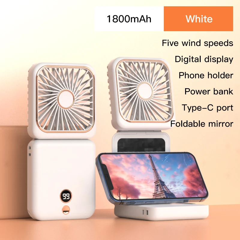 3-in-1 Mini Portable Fan Hanging Neck Fan Handheld Fan & Foldable Mirror with Power Bank, Compact & Portable for Summer Sports