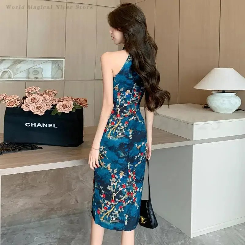 Sexy Sleeveless Qipao Blue Printed Slit Cheongsam New Chinese Style Dress Women's Elegant Temperament Gown Qipao Party Vestidos