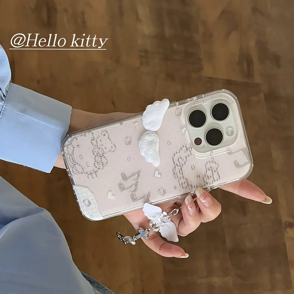 Чехлы для телефонов Hellokitty Cat с 3d крылом для iPhone 16, 15, 14 Pro Max, противоударная задняя крышка с ремешком на запястье, браслет, подвеска