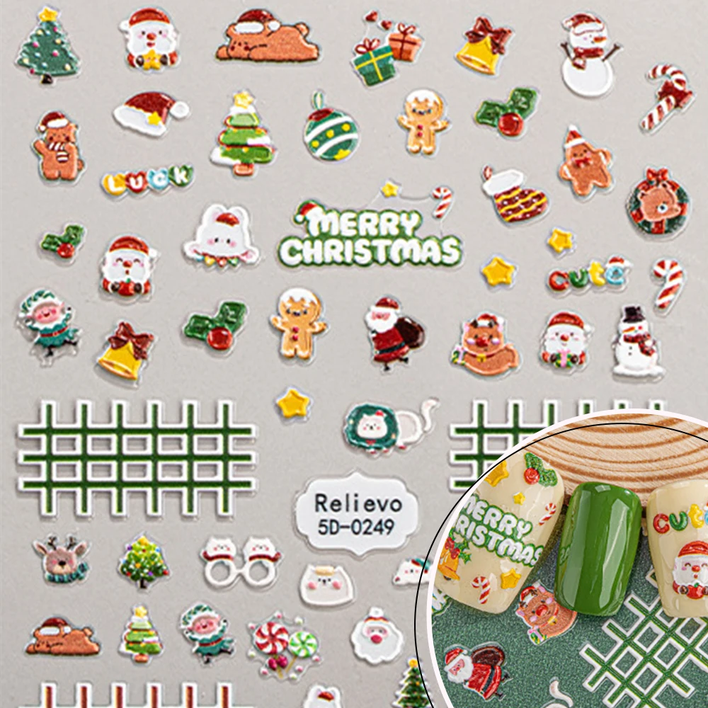 สติกเกอร์ติดเล็บลายนูน 5 มิติ ลายต้นคริสต์มาส เกล็ดหิมะ ตุ๊กตาหิมะ ขนมปังขิง สำหรับตกแต่งเล็บ