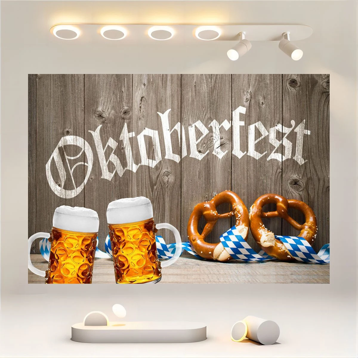 Happy Munich Beer Festival Fresh Beer Blue Flag Wooden Background Wheat Spicy Salt Crispy Cake Bread Cake Party Supplies