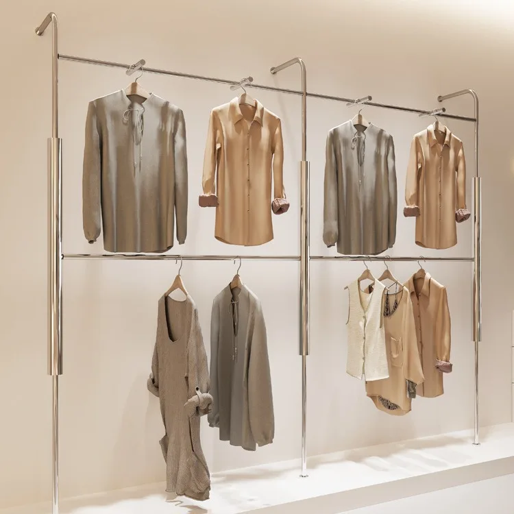 Clothing store display rack Floor-to-ceiling display rack Stainless steel upper wall hanger Men's clothing store Double layer
