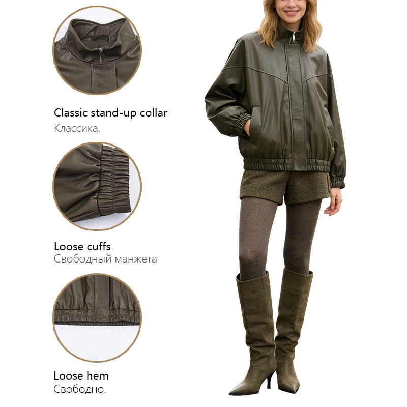 سترة نسائية من الجلد الصناعي بياقة واقفة مع سحاب إغلاق وحاشية مرنة ملابس خارجية رائعة غير رسمية لخريف وشتاء #6