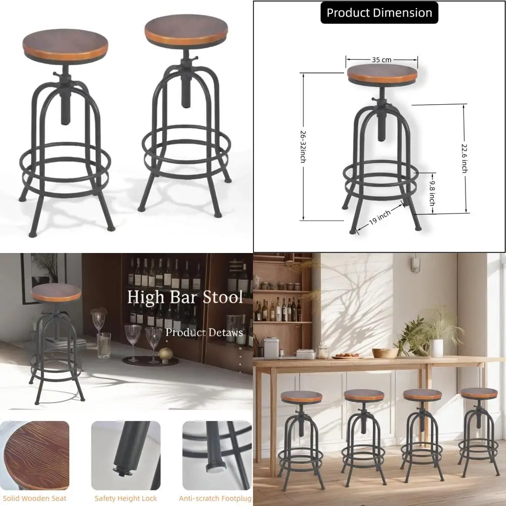 Industrial Style Pair Bar Stools - Retro Adjustable Height 26-32.3 Inches Swivel Seats - Extra Tall Kitchen Counter Chairs - Ful