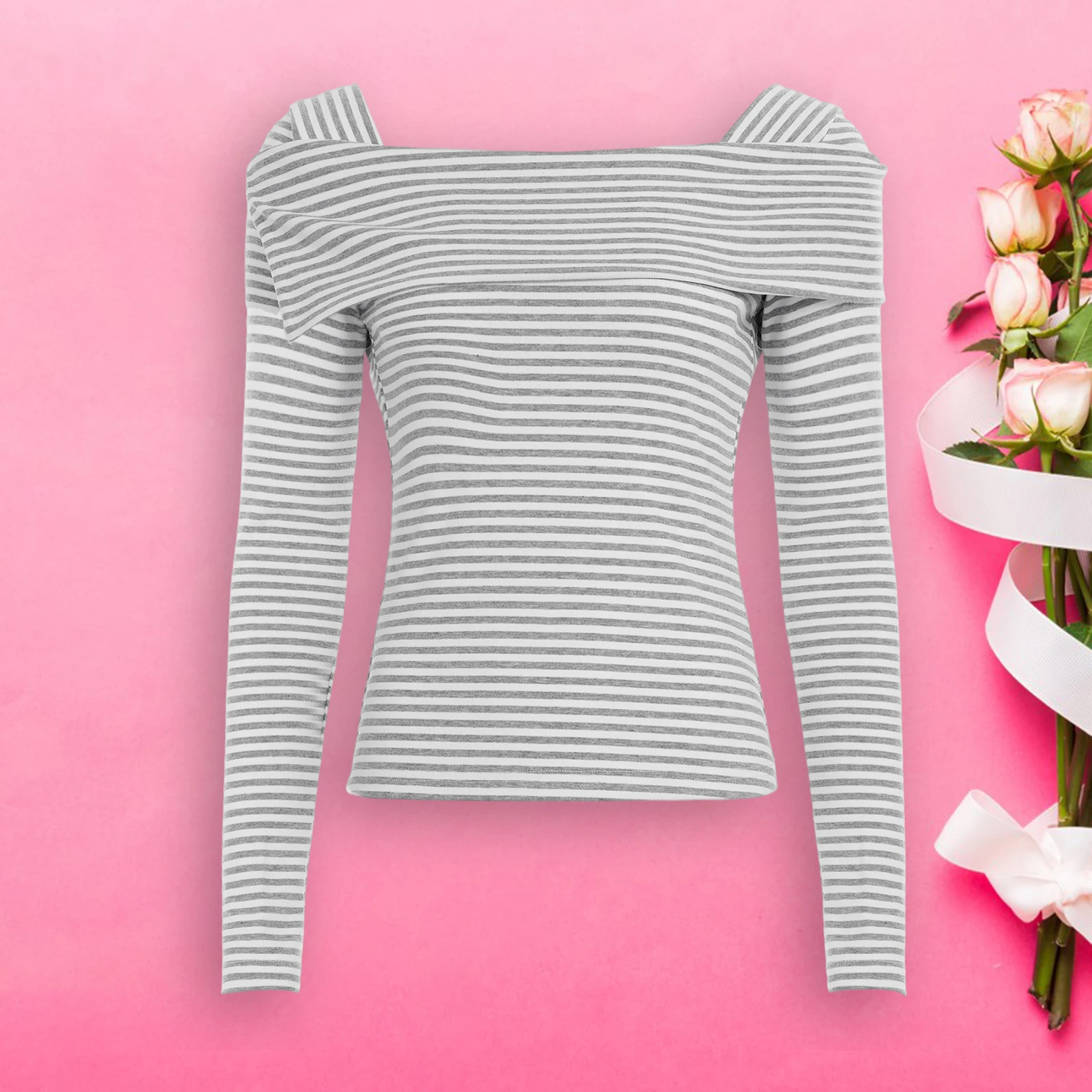 Camicie autunnali da donna a maniche lunghe con spalle scoperte, vestibilità slim, a righe, per uscire, con strato base alla moda