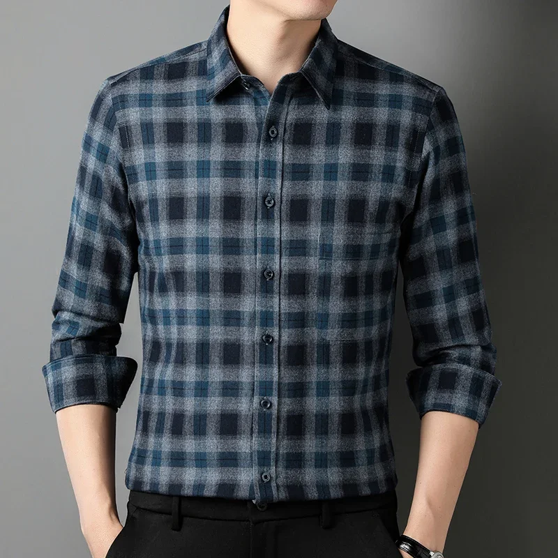 100% Katoenen Schuren Volledige Overhemden Voor Heren Slim Fit Casual Houndstooth Effen Shirt Met Lange Mouwen, Comfortabele Kleding Met Één Zak