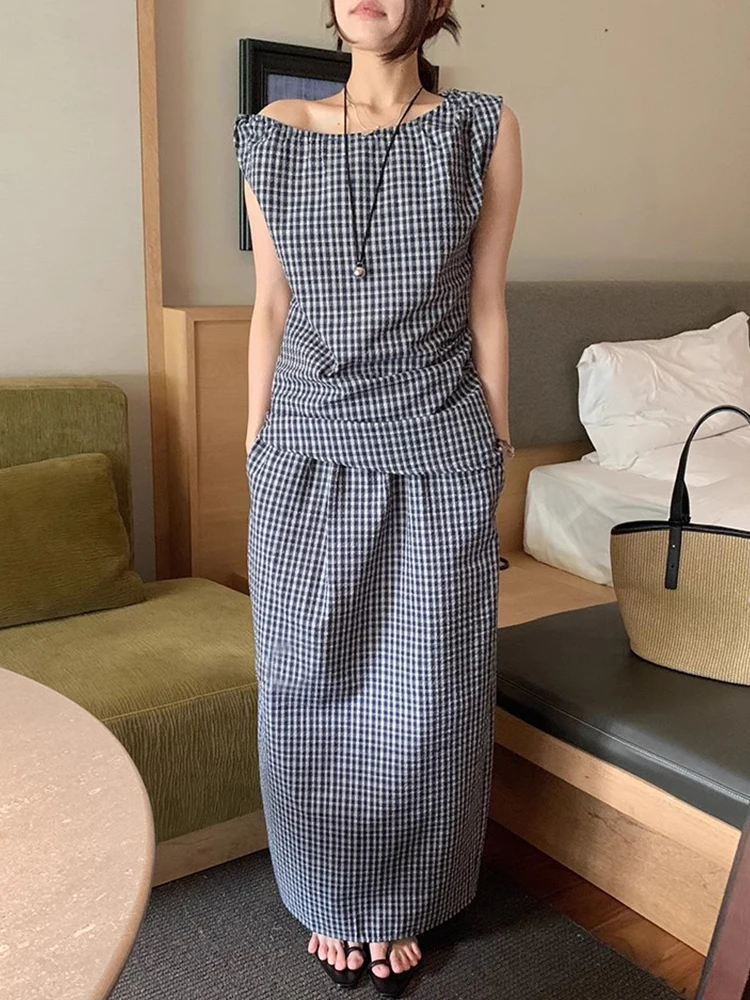 

Liangliang Design Sense Summer New Vintage High Waist Slimming Plaid Vest Women's Side oulder f-length Skirt Set