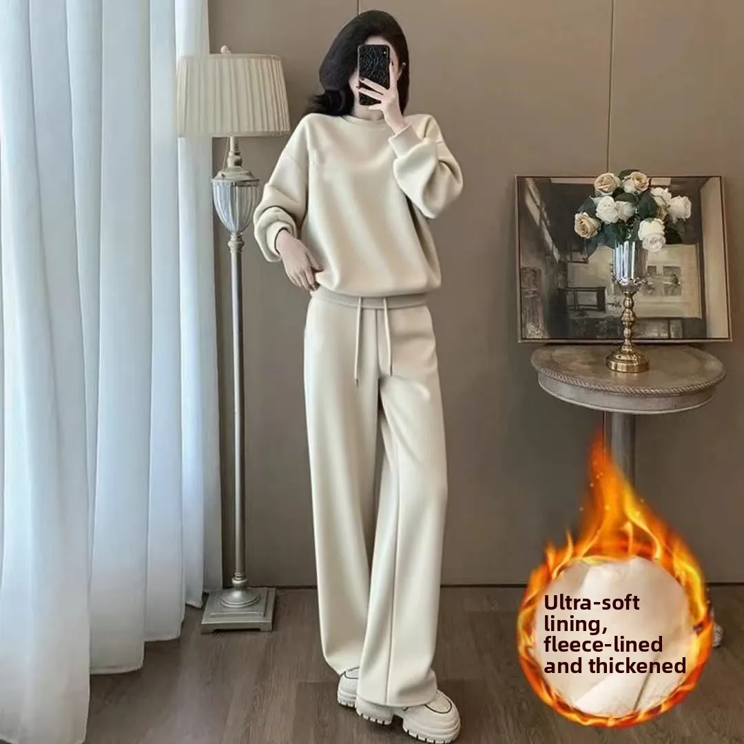

Thickened Fleece Autumn Winter Sports Leisure Suit Loose Sweatshirt Wide Leg Pants Anti-Aging Two-Piece Set Women Warmth