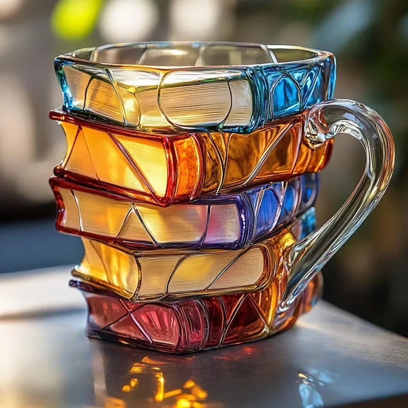 3d Painted Books Coffee Mug, Colorful Acrylic Books Stack Shaped Coffee Cup Gifts for Book Lovers Readers Librarians Writers