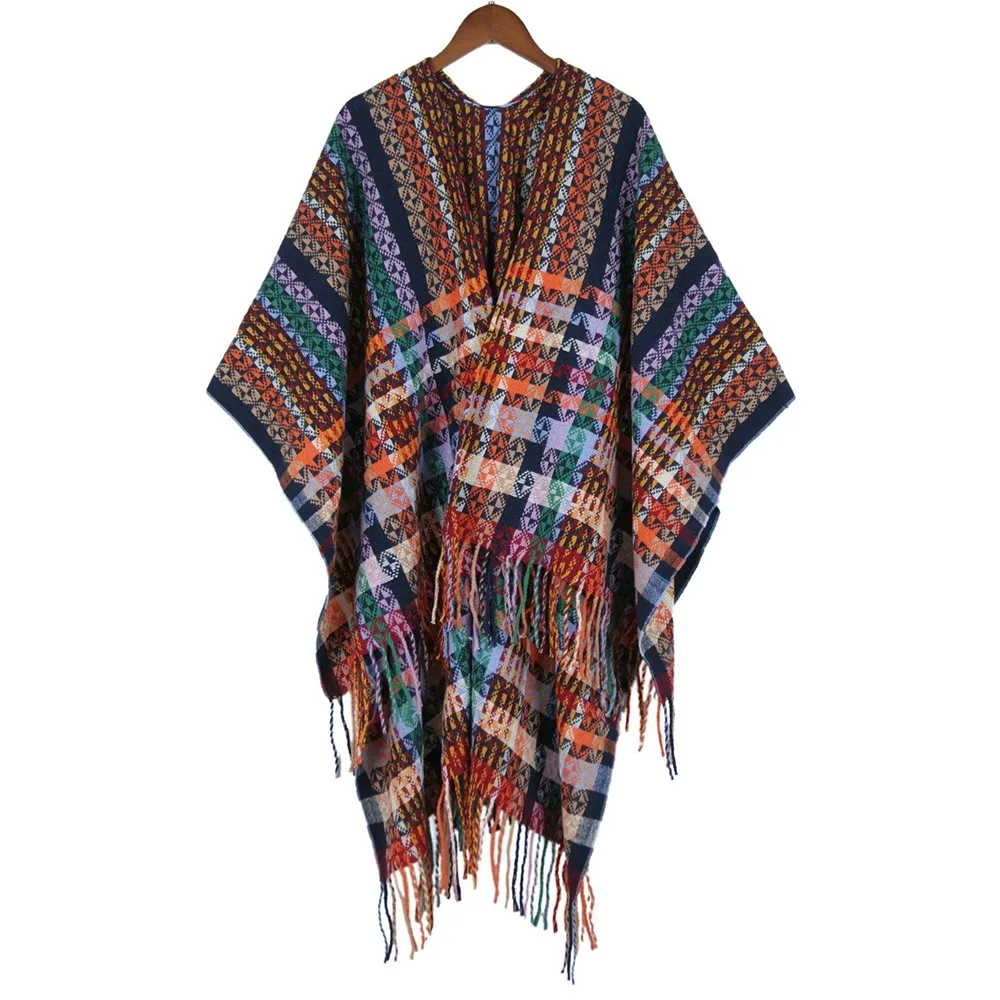 Fashion Bohemian Mongolian Poncho Ethnic Style Keep Warm Knitting Wrap Cloak Gradient Color Stripe Tassel Shawl for Women
