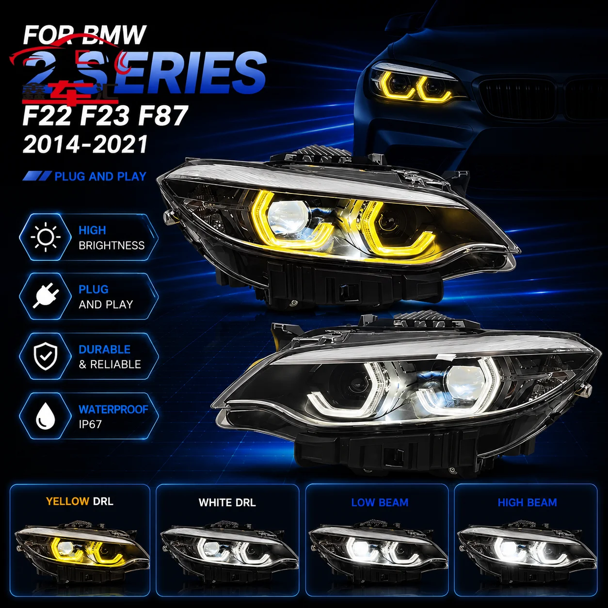 

Car LED Headlight Parts For BMW 2 Series F22 F23 F87 2014-2021 Fog DRL Brake Turn Signal Lamp Plug And Play