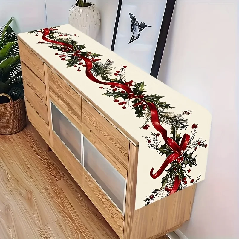 Vintage Christmas Table Runner, Holly Leaf Red Berry Print, Farmhouse Holiday Table Runner for Xmas Family Dinner Decor