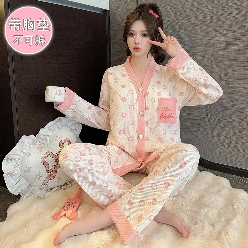 5XL Plus Size Cotton Plaid Loose Pajamas Set Women with Chest Pad Autumn Korean Long Sleeve Cardigan Trouser Can Be Worn Outside