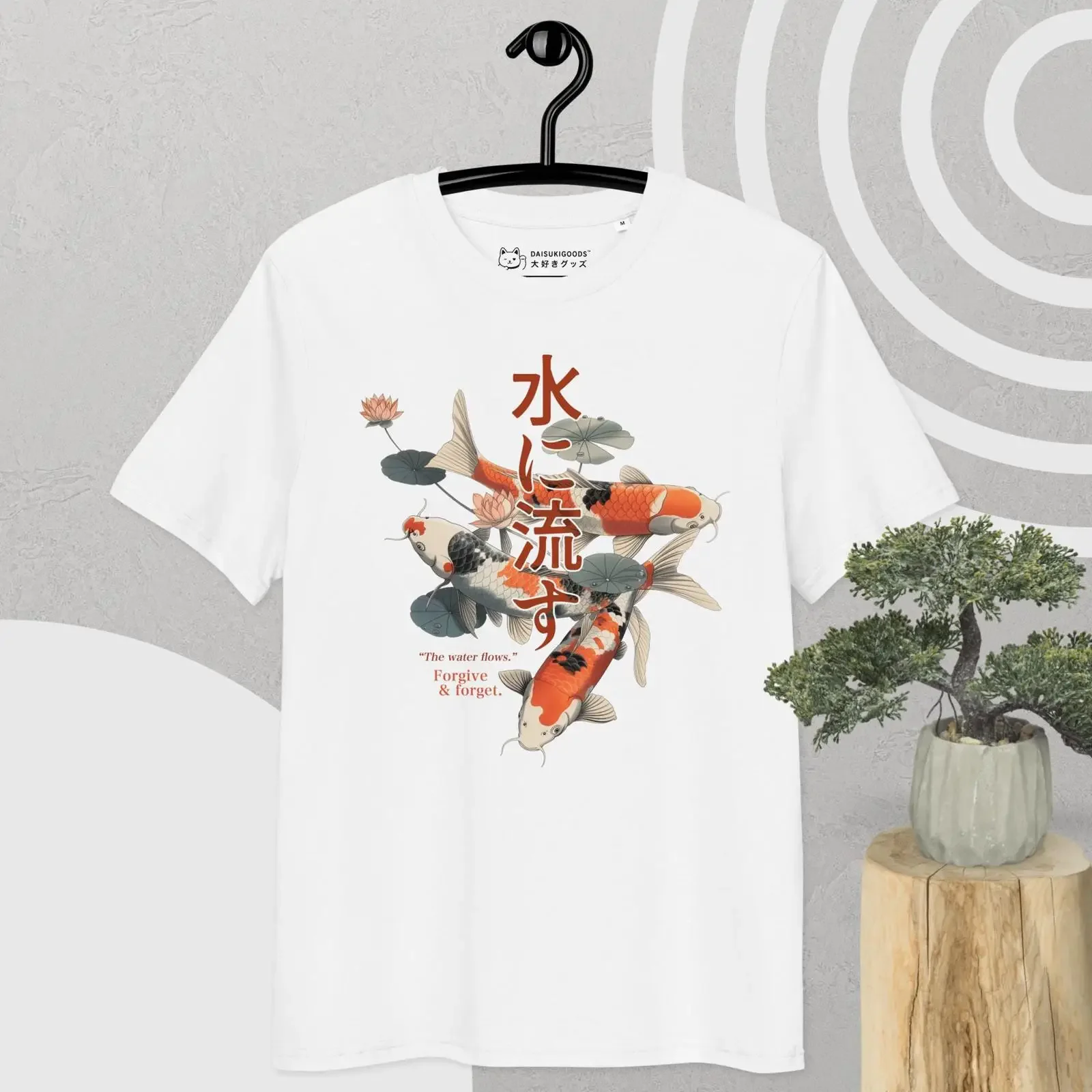 Mizu Ni Nagasu Koi Fish T Shirt Japanese Proverb Zen  vintage Washed Breathable designer clothes Unisex homme Slightly